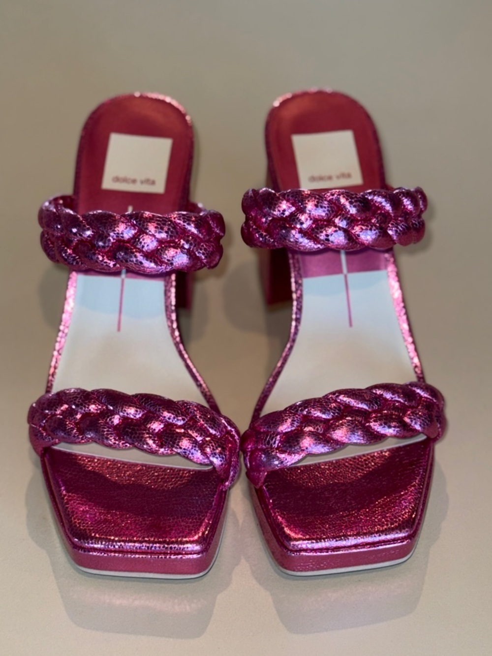Anthro Dolce Vita Paily Heels Pink Metallic Braided Block Heel Size 7.5 - Picture 4 of 10